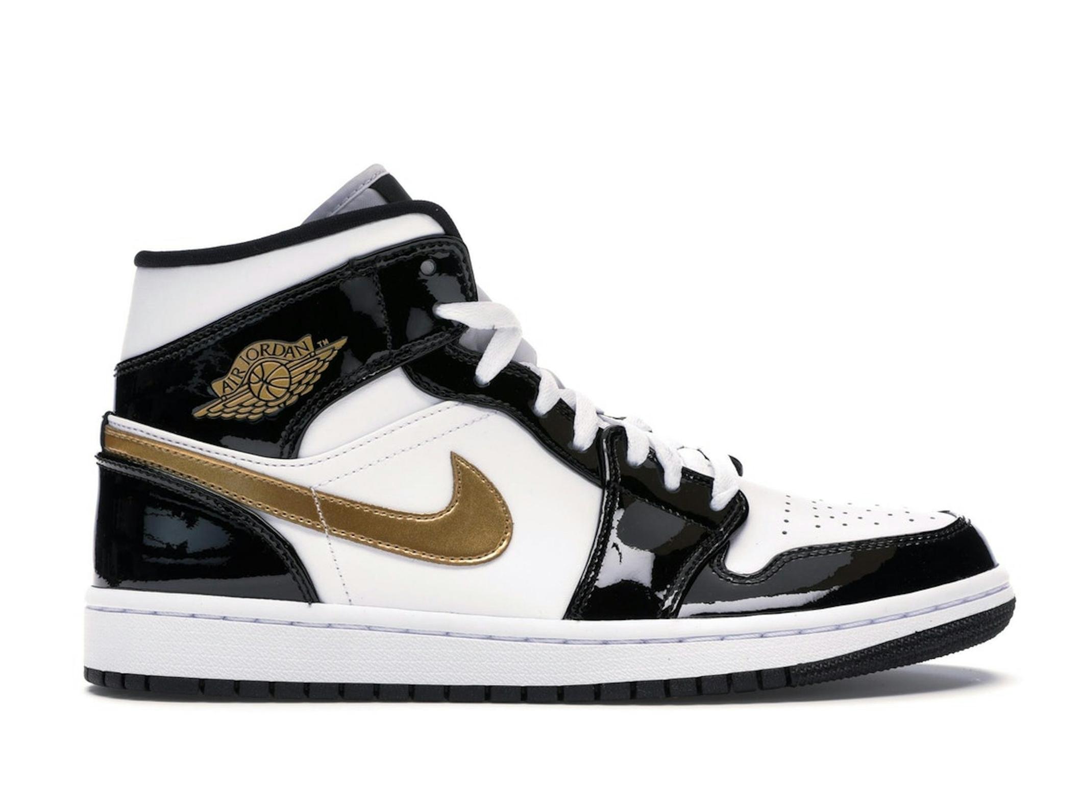 Explore the Jordan 1 Mid Patent Black White Gold at Minomog