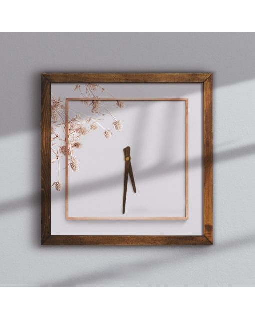 Modern Minimalist Square Wall Clock with Rustic Wooden Frame and Dried Floral Accent - Ideal for Kitchen, Living Room, or Office Decor