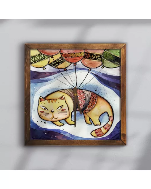 Whimsical Cat Balloon Square Wall Clock - Modern Home Decor for Cat Lovers of All Ages - Living Room, Bedroom, or Office Timepiece