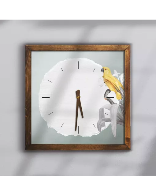 Custom Yellow parrot wall clock with artistic torn paper background, Wooden Wall Clock for Home Decor in Living Room, Kitchen and Kid Decorations Gifts