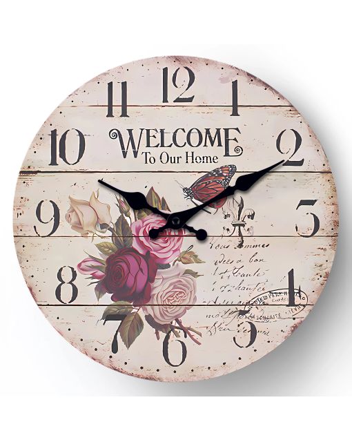 Custom Welcome home floral clock silent quartz decor for homemakers, garden lovers & hospitable hosts - charming in entryways, living rooms cozy spaces