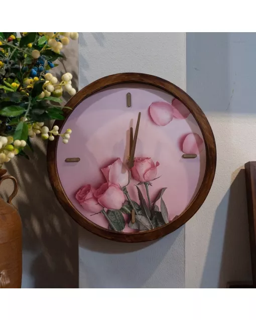 Modern Pink Roses Square Wall Clock - Large Kitchen & Living Room Decor for Young Professionals with Minimalist Style & Vintage Charm