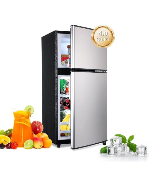 4.0Cu.Ft Compact, Small Refrigerator with Freezer, Retro Fridge with Dual Door, 7 Level Adjustable Thermostat for Garage, Dorm