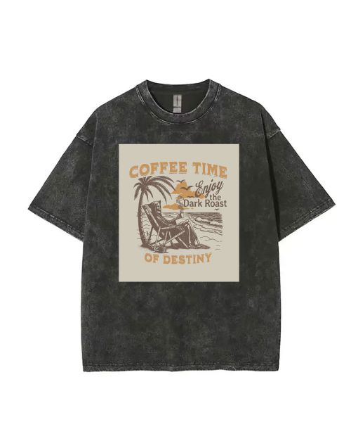 Coffee Time 3 Mineral Wash T-Shirt - Unisex Beach Shirt for Teens | Cool & Classic T-Shirt for Casual Wear, School, Gifts | Summer/Holiday Style