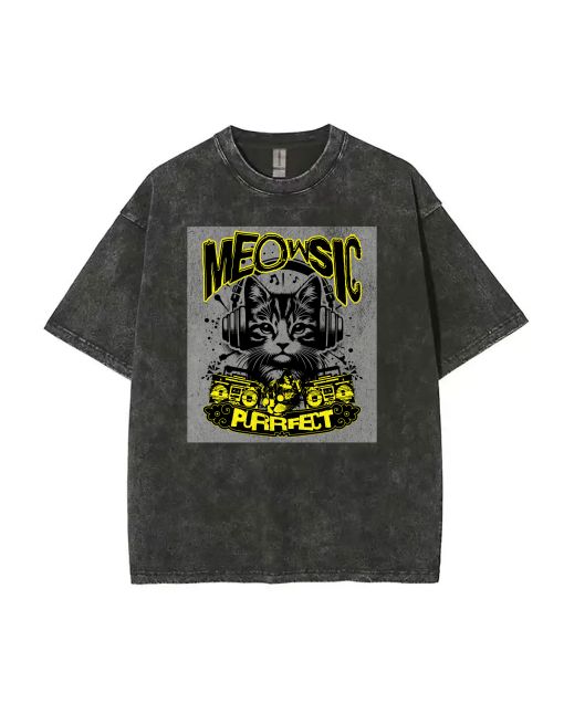 Meow Music Purr Perfect Funny Cat Melody Love T-Shirt - Summer Casual for School & Weekend | Gift for Teens | Men's Flannel Oversized Tee