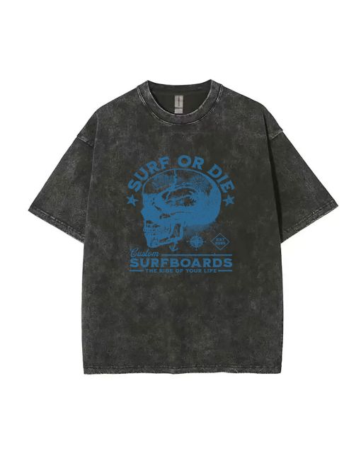 Surf or Die Custom Surfboards Unisex Teen T-Shirt - Summer Casual School & Weekend Wear | Birthday & Holiday Gift | Men's Oversized Flannel