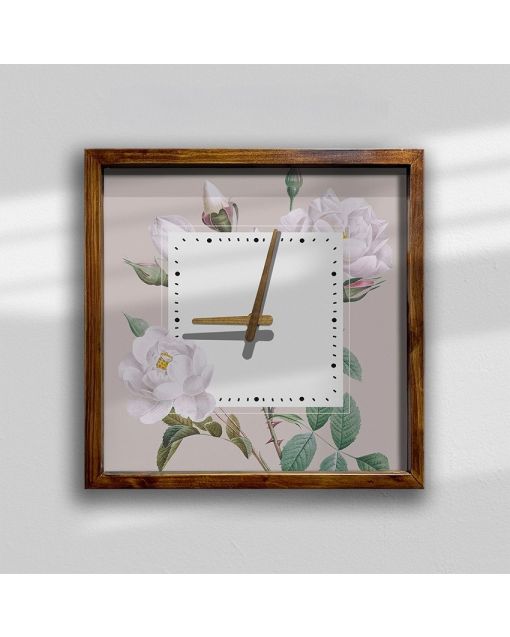 Modern Botanical Floral Square Wall Clock with Wooden Frame - Perfect for Kitchen or Living Room Decor, Large Timepiece for All Ages