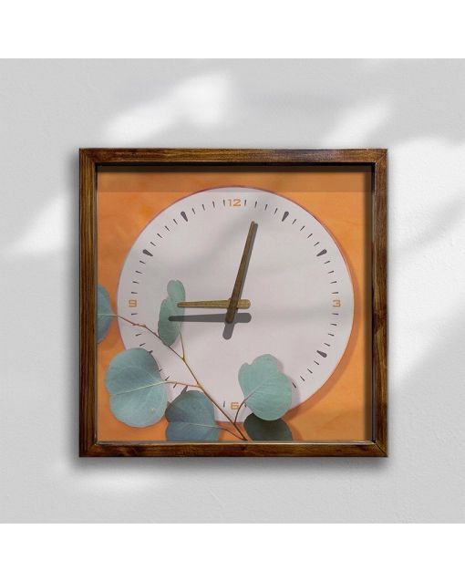 Modern Eucalyptus Square Wall Clock for Home Decor – Soft Orange Background, Kitchen & Living Room Timepiece for Young Professionals & Teens