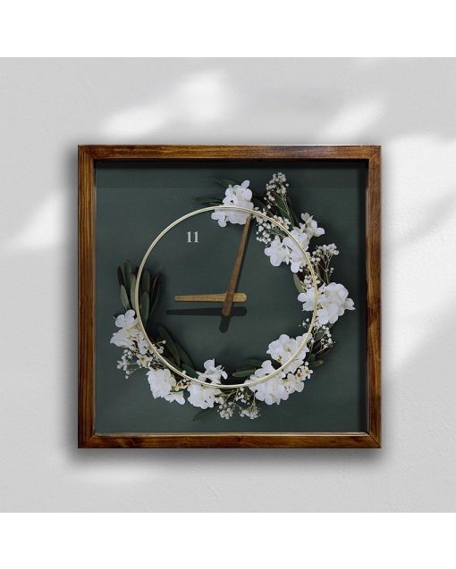 Custom Elegant floral wreath wall clock on deep green background, Wooden Wall Clock for Home Decor in Living Room, Kitchen and Kid Decorations Gifts