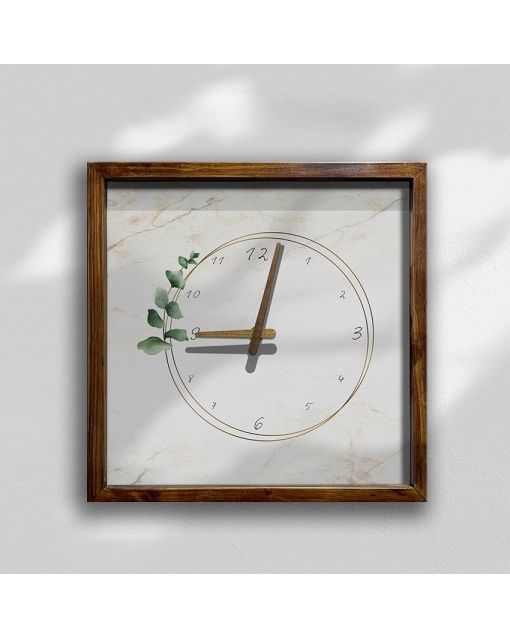 Custom Elegant eucalyptus wall clock with marble effect background, Wooden Wall Clock for Home Decor in Living Room, Kitchen and Kid Decorations Gifts