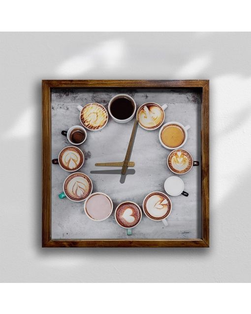 Custom Latte art coffee wall clock with realistic cups, Wooden Wall Clock for Home Decor in Living Room, Kitchen and Kid Decorations Gifts