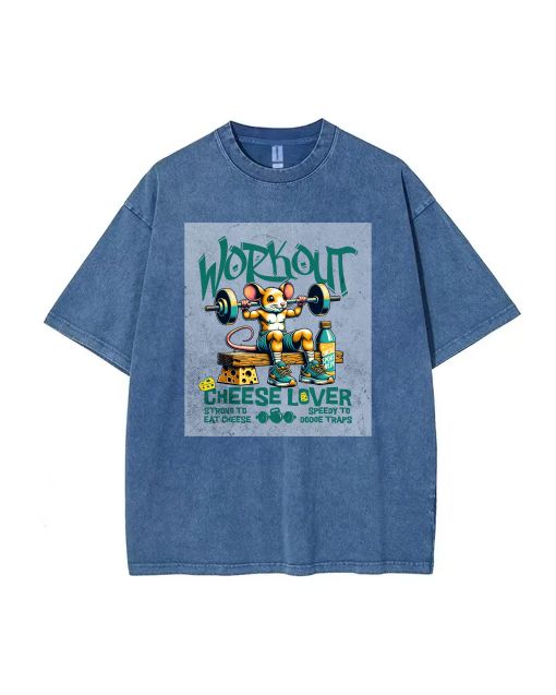 Cheese Lover Workout Mouse Gym Rat Cardio Mineral Wash T-Shirt | Unisex Beach Shirt | Cool Classic Tee for Teens | Summer Gift for Gym Lovers