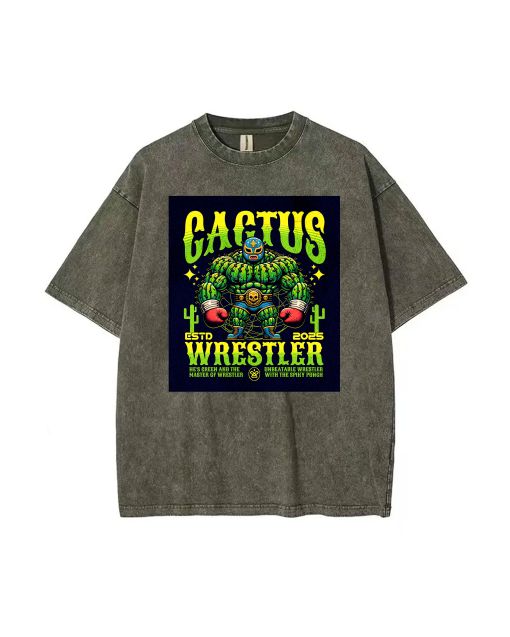 Cactus Wrestler Martial Arts Mineral Wash T-Shirt: Cool Unisex Beach Shirt for Casual Wear and Gift-Giving - Cacti Wrestling Design