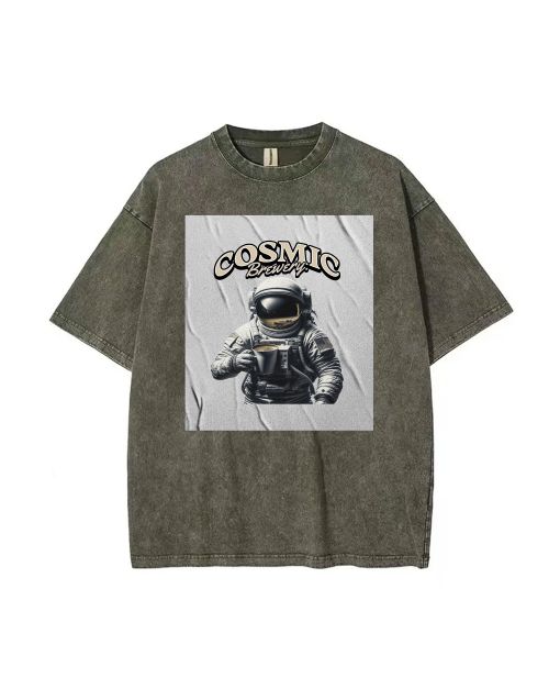 Coffee Astronaut Graphic Mineral Wash T-Shirt - Cool & Classic Unisex Beach Shirt for Teens - Perfect Gift for Casual Wear, School, Summer, Holidays