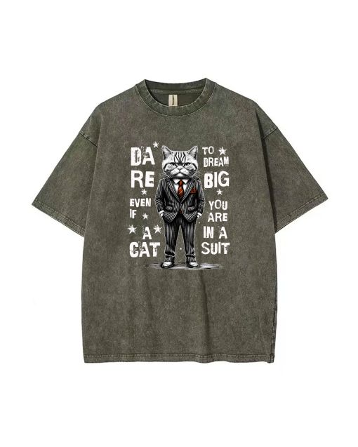 Dare To Dream Big Cat In A Suit Mineral Wash T-Shirt - Unisex Teen Beach / Casual Shirt With Cool Classic Design - Perfect For Summer & Holidays!