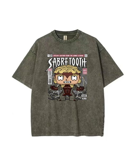 Sabretooth Mineral Wash T-Shirt - Cool Beach Shirt for Unisex Teens | Classic Design for Casual Wear, School & Summers | Great Gift Idea