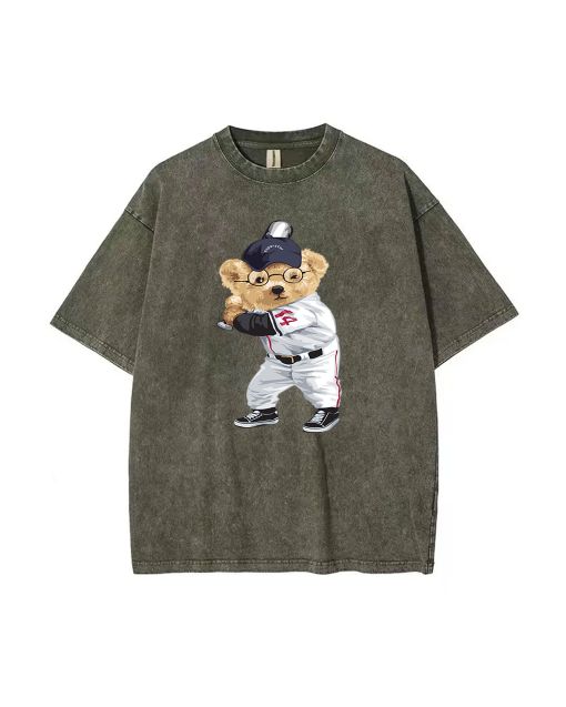 Teddy Baseball () Mineral Wash T-Shirt - Unisex Cool Beach Shirt for Teens | Casual, School, Summer, Holiday Wear | Classic Tee