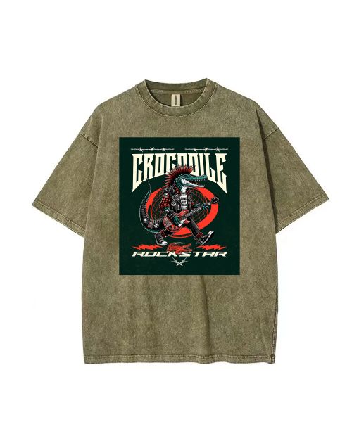 Crocodile Rockstar Electric Guitar Mineral Wash T-Shirt - Cool and Classic Beach Shirt for Unisex Teens - Perfect for Casual Wear and Gift-Giving