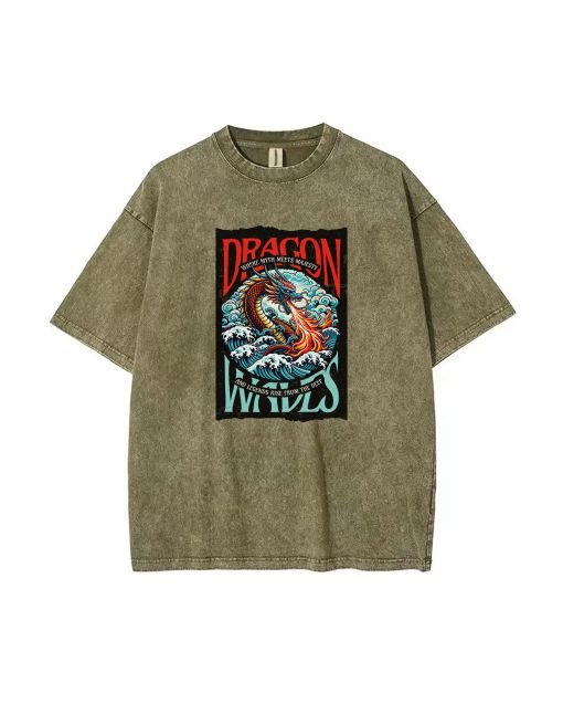 Dragon Waves Mineral Wash T-Shirt - Unisex Beach & Casual Shirt | Cool & Classic Tee for Teens | Perfect Gift for Summer & Holidays