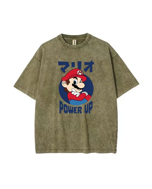 Retro Mario Power Up Tee - Unisex Mineral Wash T-Shirt for Teens - Cool Beach Shirt for Casual Wear, School, Gifts - Classic Design