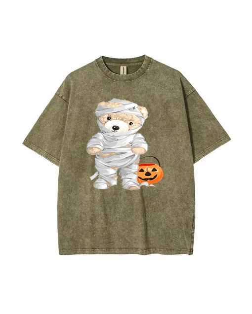 Teddy Skeleton Mineral Wash T-Shirt: Versatile, Unisex Beach Shirt for Cool Teens - Perfect for Casual Wear, School, Summer, & Holidays