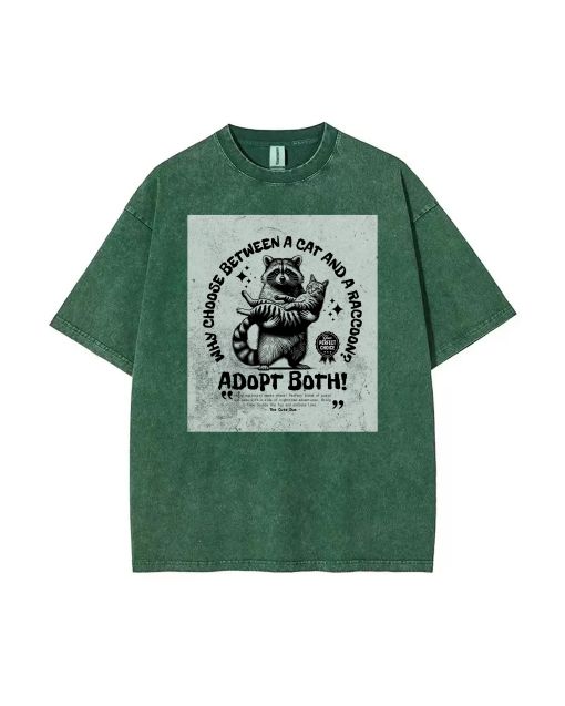 Adopt Cute Duo Raccoon And Cat Unisex Teen T-Shirt - Summer Casual School & Weekend Wear | Birthday & Holiday Gift | Men's Oversized Flannel Style