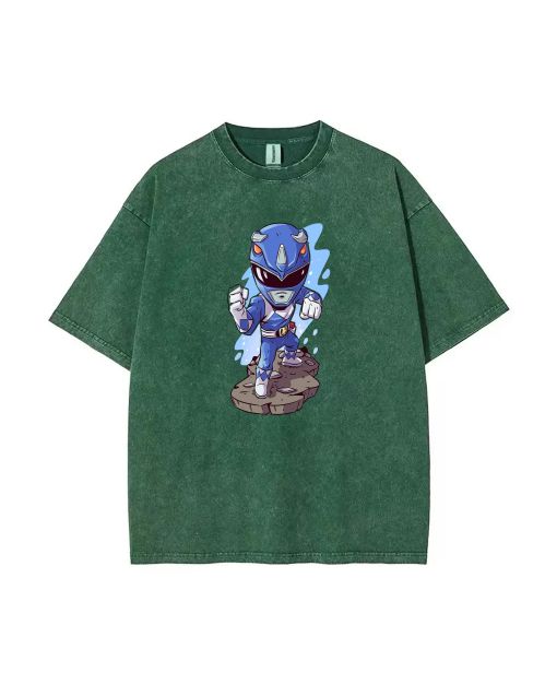 Cartoon Blue Power Ranger Gao Mineral Wash T-Shirt - Fun and Cool Beach Shirt for Teens - Classic and Casual T-Shirt Gift for Summer and Holidays