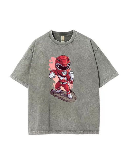 Cartoon Red Power Ranger Gao Mineral Wash T-Shirt - Unisex Teen Beach Shirt for Casual Wear, School, and Gifts - Cool and Classic T-Shirt