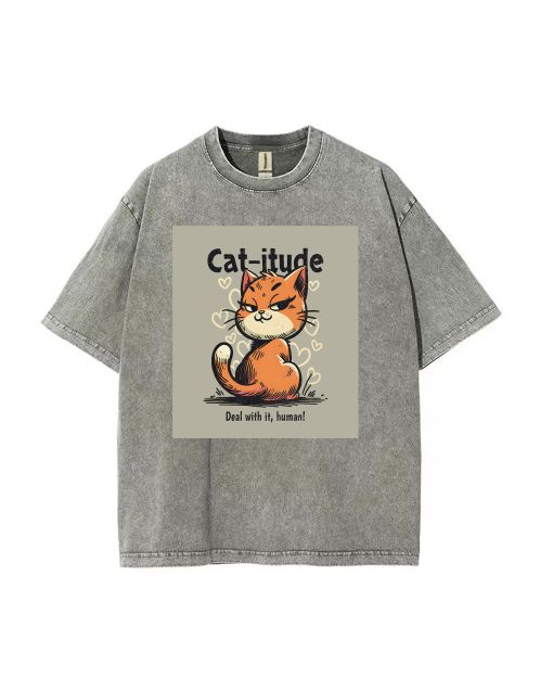 Cat itude Mineral Wash T-Shirt - Cool, Classic Beach Shirt for Unisex Teens - Ideal for Casual Wear, School & Gifts - Summer & Holiday Must-Have!