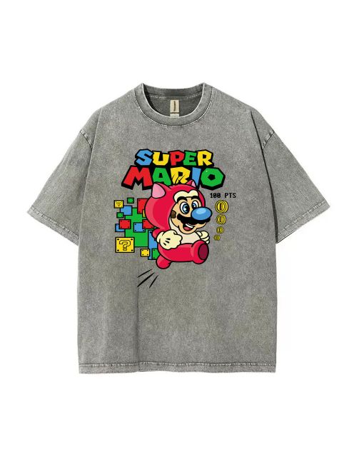 Retro Mario Mineral Wash T-Shirt - Unisex Tees for Casual Wear, School, and Summer Fun. Perfect Beach Shirt or Cool Holiday Gift! Classic Style.