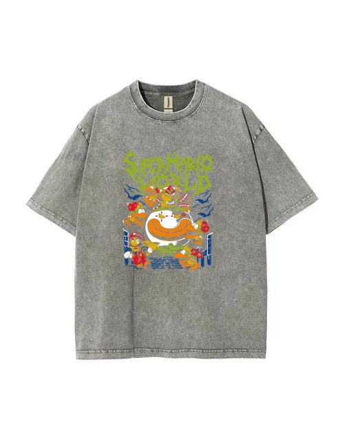 Retro Mario World Mineral Wash T-Shirt - Cool Beach Shirt for Unisex Teens, Classic T-Shirt for Casual Wear, School, Summer, Holidays, Gift