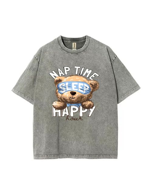 Unisex Teddy Happy Hour Mineral Wash T-Shirt: Cool Beach Shirt for Teens | Classic T-Shirt for Casual Wear, School, Holidays | Great Gift Idea