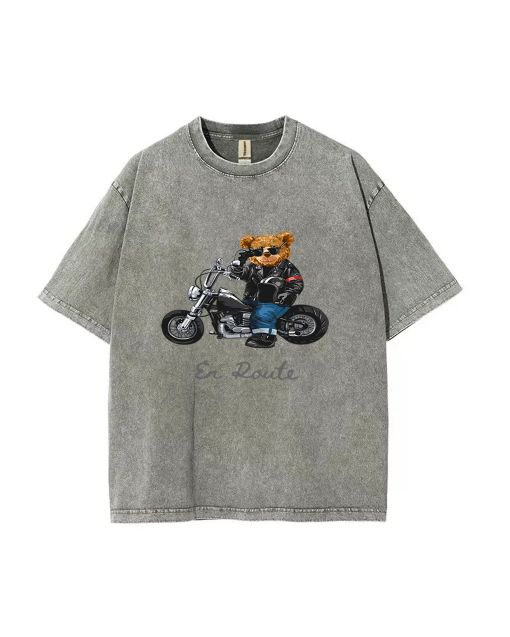 Teddy Motorbike Mineral Wash T-Shirt for Unisex Teens - Perfect for Casual Wear, School, Gifts & Summer - Cool & Classic Beach Shirt