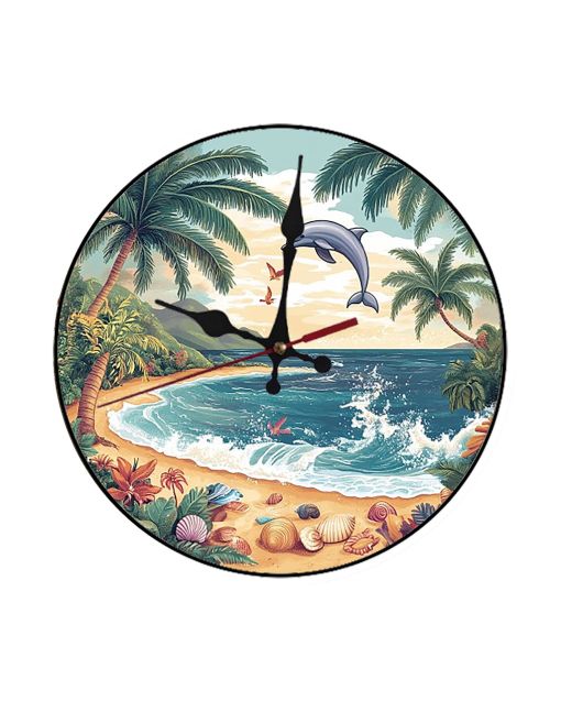 Custom A tropical beach with palm trees and dolphin, Wooden Wall Clock for Home Decor in Living Room, Kitchen Kid Decorations Gifts