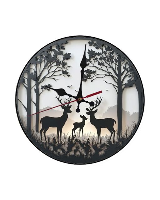 Custom Geometric deer family in circular forest, Wooden Wall Clock for Home Decor Living Room, Kitchen and Kid Decorations Gifts