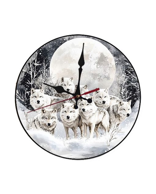 Custom Geometric wolf pack in hunting circle on moonlit snow, Wooden Wall Clock for Home Decor Living Room, Kitchen and Kid Decorations Gifts