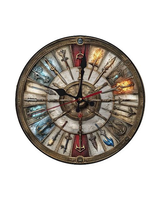 Custom Medieval weapon cards arranged in battle circle, Wooden Wall Clock for Home Decor Living Room, Kitchen and Kid Decorations Gifts