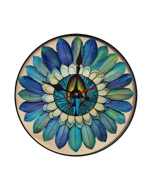 Custom Peacock feather arranged in a mandala, Wooden Wall Clock for Home Decor Living Room, Kitchen and Kid Decorations Gifts