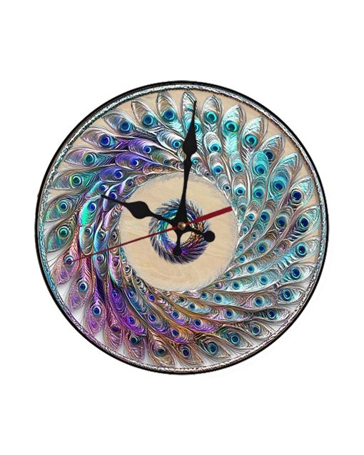 Custom Peacock feathers forming intricate spiral, Wooden Wall Clock for Home Decor in Living Room, Kitchen and Kid Decorations Gifts