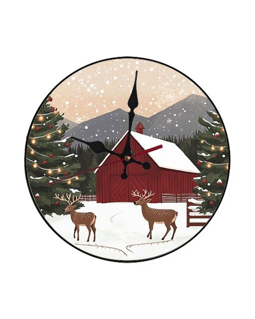 Custom Reindeer barn with christmas lights, Wooden Wall Clock for Home Decor in Living Room, Kitchen and Kid Decorations Gifts