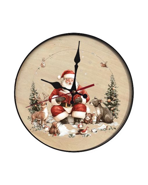 Custom Santa reading stories to animals, Wooden Wall Clock for Home Decor in Living Room, Kitchen and Kid Decorations Gifts