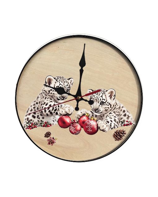 Custom Snow leopard cubs playing with ornaments, Wooden Wall Clock for Home Decor in Living Room, Kitchen and Kid Decorations Gifts