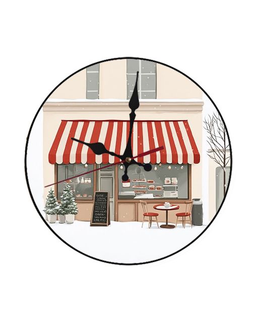 Custom Winter street cafe, candy striped awning, Wooden Wall Clock for Home Decor in Living Room, Kitchen and Kid Decorations Gifts