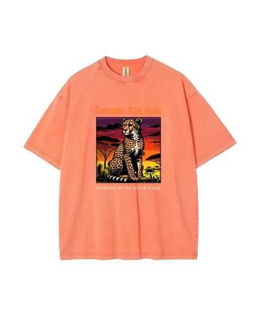 Cheetah Savanna Stalkers African Mineral Wash T-Shirt - Unisex Teens Beach Shirt for Casual Wear and Summer Fun - Cool Classic Tee