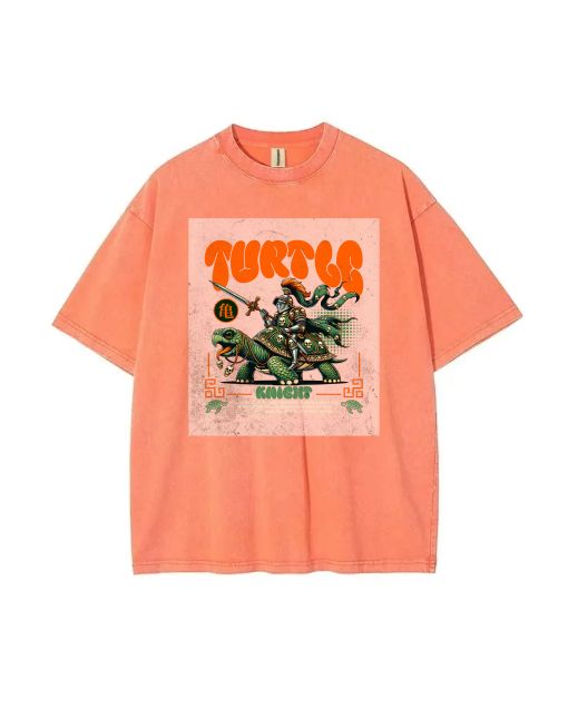 Turtle And Knight Japan Style Mineral Wash T-Shirt | Unisex Teen Beach Shirt for Casual Wear & Summer | Cool & Classic T-Shirt Design