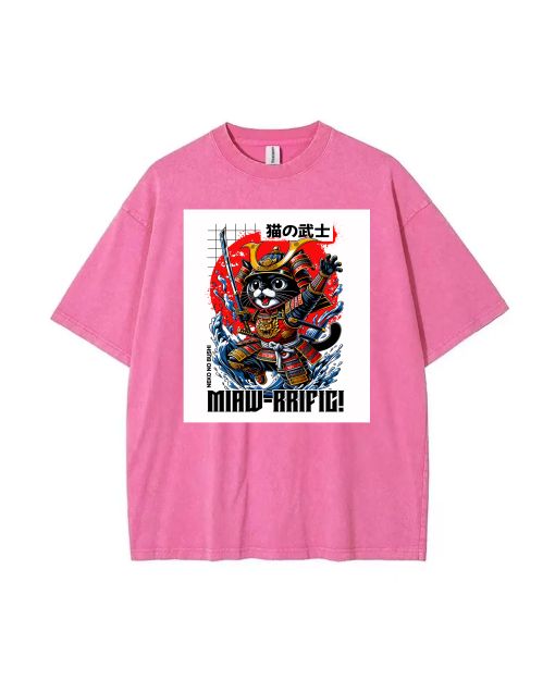 "Cat Samurai Cute Mineral Wash T-Shirt - Stylish Unisex Tee for Casual Wear & Beach - Cool and Classic Graphic Print Gift for Teens!"