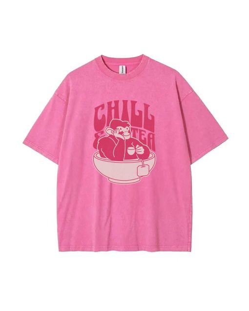 Chill and Tea Mineral Wash T-Shirt - Unisex Beach Shirt for Teens | Cool & Classic Tee for Casual Wear, School, Summer & Holidays