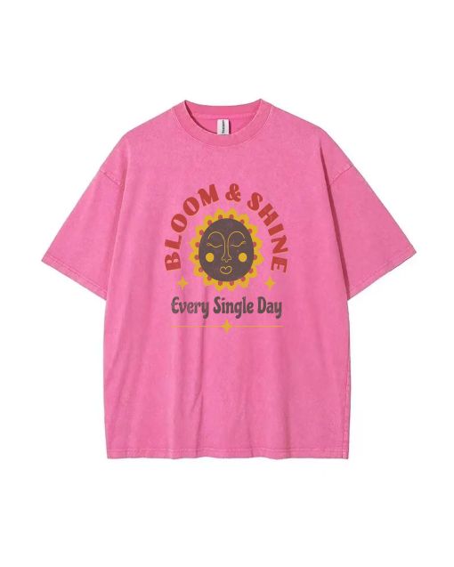 Cute Cartoon Sun Bloom & Shine Mineral Wash T-Shirt - Inspirational Quote | Beach & Casual Wear | Unisex Teen Gift | Cool & Classic Tee