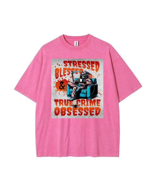 Stressed Blessed True Crime Obsessed Mineral Wash T-Shirt | Unisex Beach Shirt for Cool, Casual and Classic Style | Perfect Gift for Teens