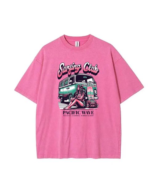 Surfer Club Pacific Wave Summer Vacation Mineral Wash T-Shirt: Beach Shirt for Teens, Cool and Classic T-Shirt for Casual Wear, School, and Holidays